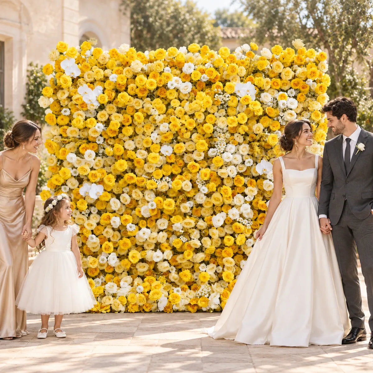 Luxury 4D Lemon Yellow & White Silk Flower Wall Backdrop in an AI-styled wedding scene
