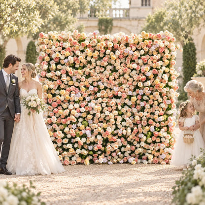 Luxury 4D Peach & Champagne Rose Silk Flower Wall in an AI-styled wedding scene