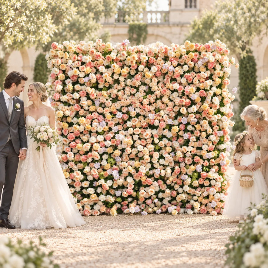 Luxury 4D Peach & Champagne Rose Silk Flower Wall in an AI-styled wedding scene