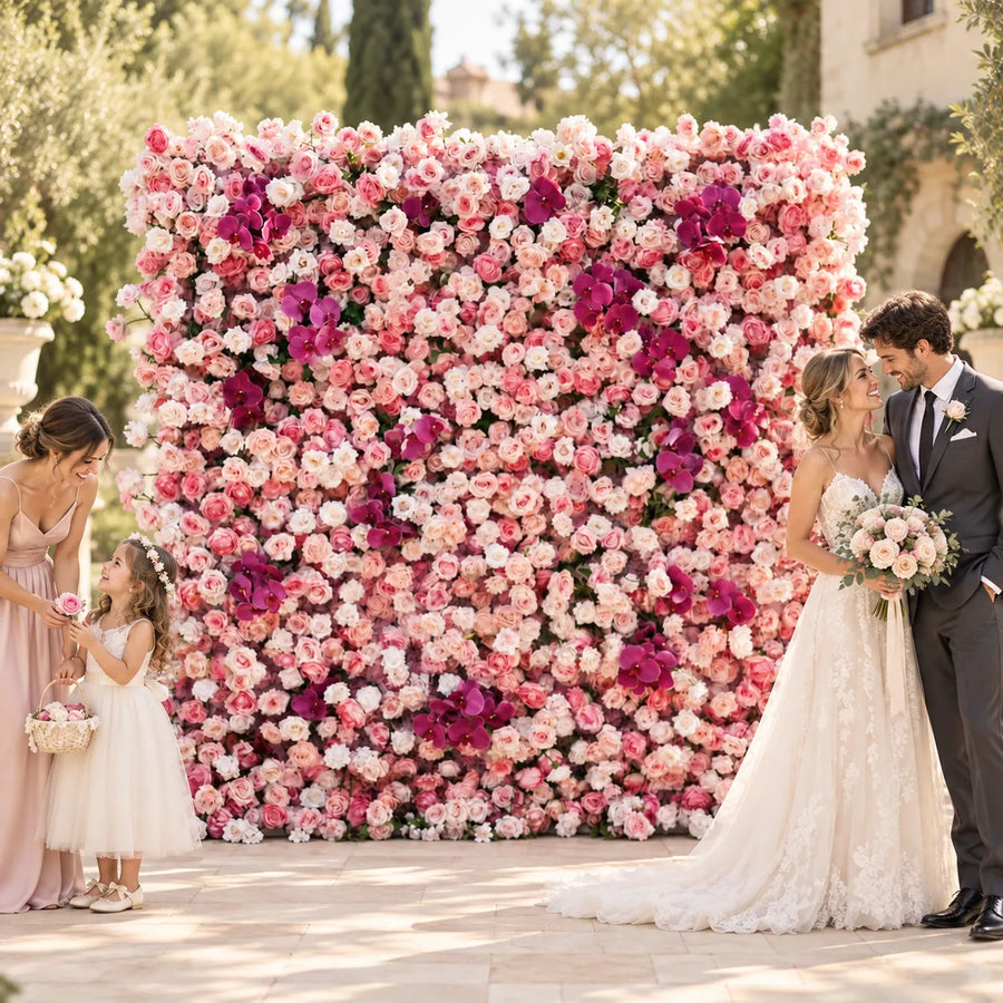 Luxury 4D Pink & Purple Orchid Silk Flower Wall in an AI-styled wedding scene