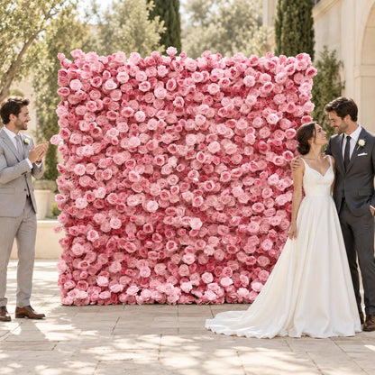 Luxury 4D Pink Silk Flower Wall Backdrop in an AI-styled wedding scene