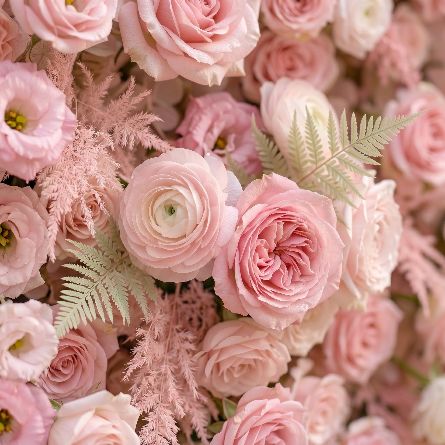 Blush pink silk flower wall close-up detail