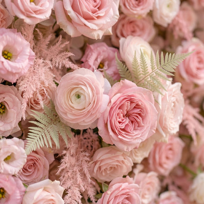 Blush pink silk flower wall close-up detail