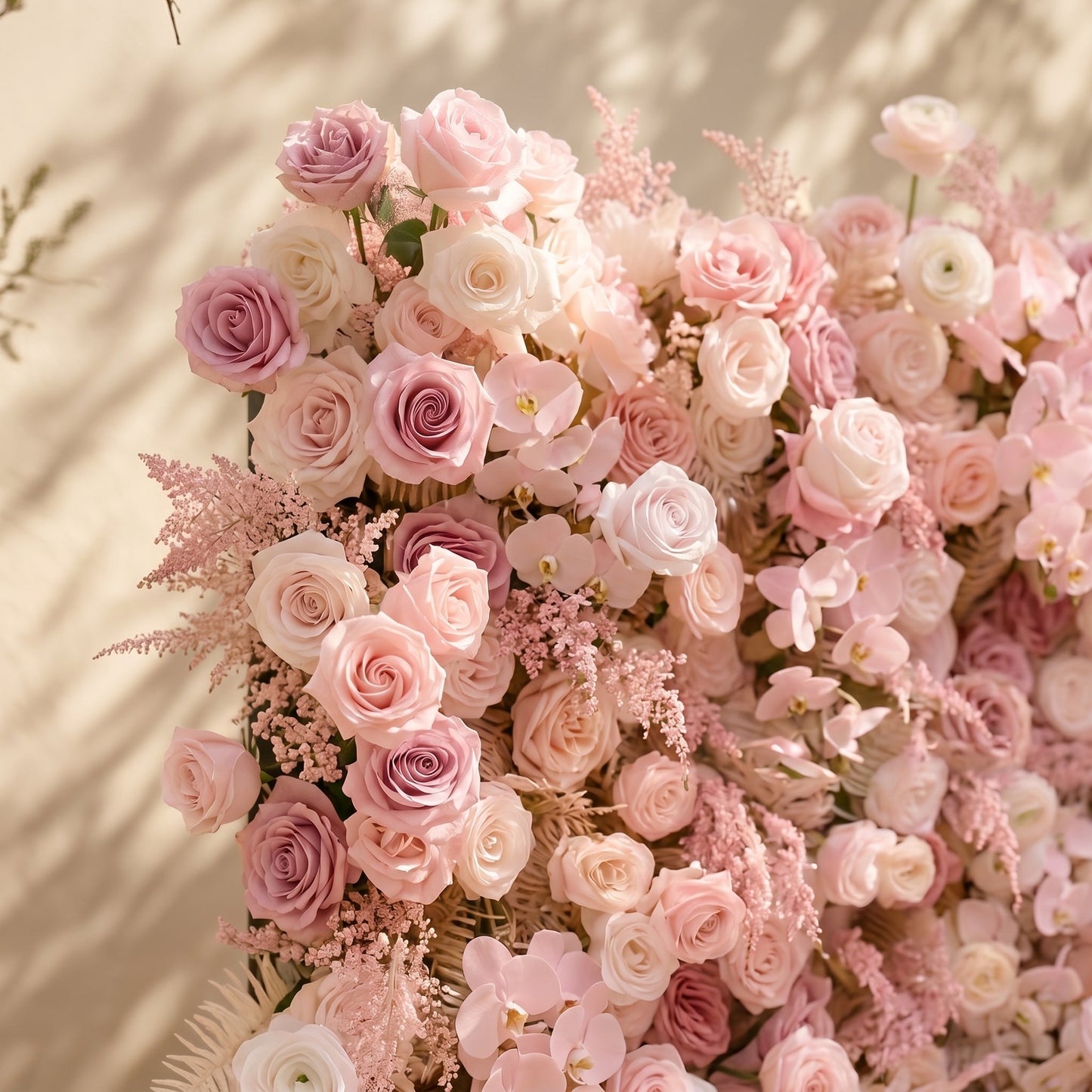 Dimensional blush pink flower wall detail