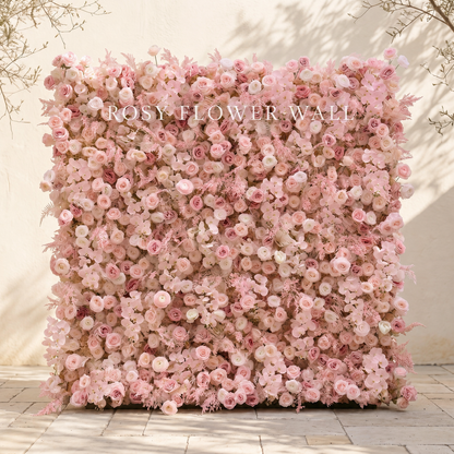Luxury all-blush pink silk flower wall with transparent Rosy Flower Wall logo