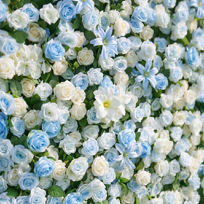 Luxury blue silk flower wall close-up