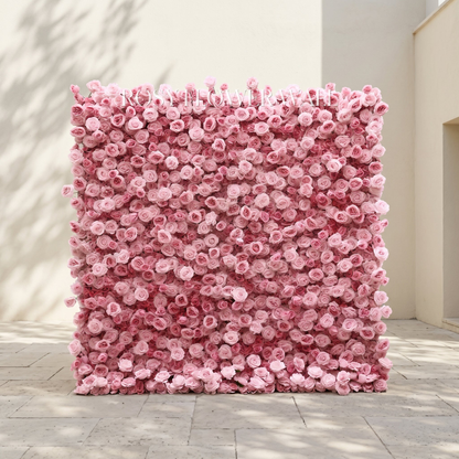 Luxury pink silk flower wall with transparent Rosy Flower Wall logo