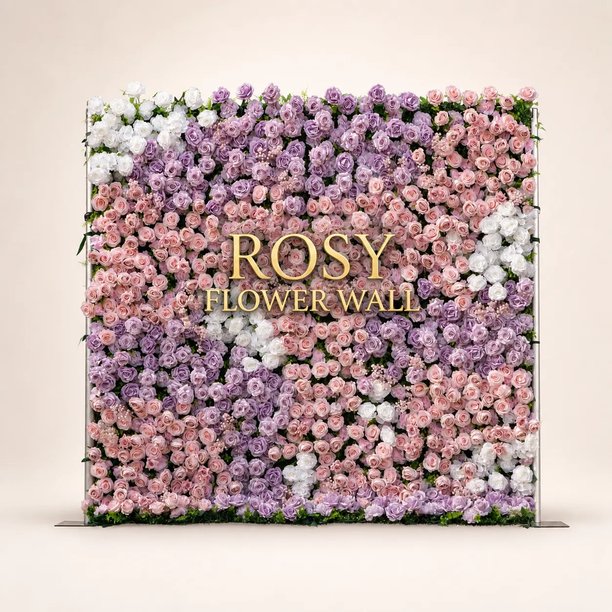 Artificial flower wall front view with gold Rosy Flower Wall logo on warm white background