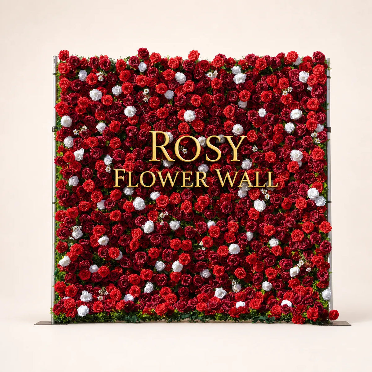 Artificial flower wall front view with gold Rosy Flower Wall logo on warm white background
