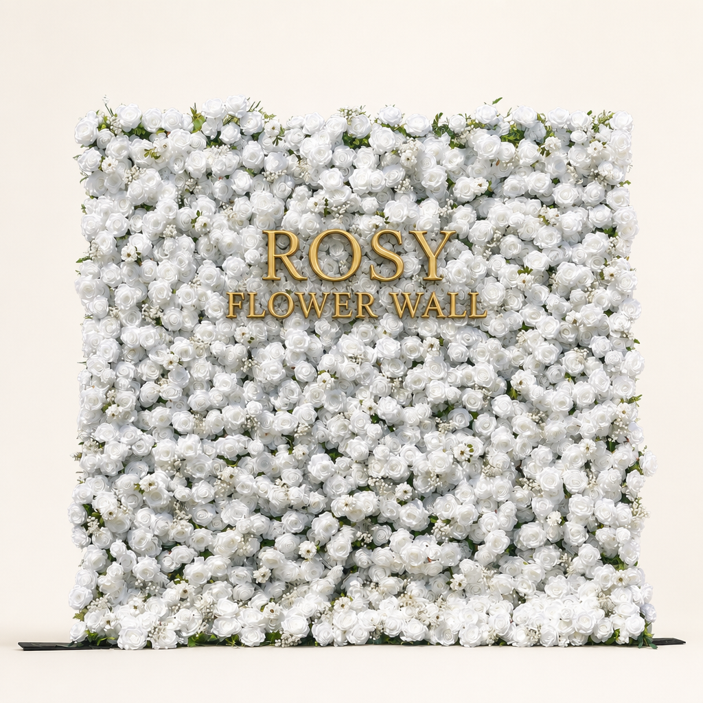 White 5D silk flower wall backdrop, front view on a warm-white background