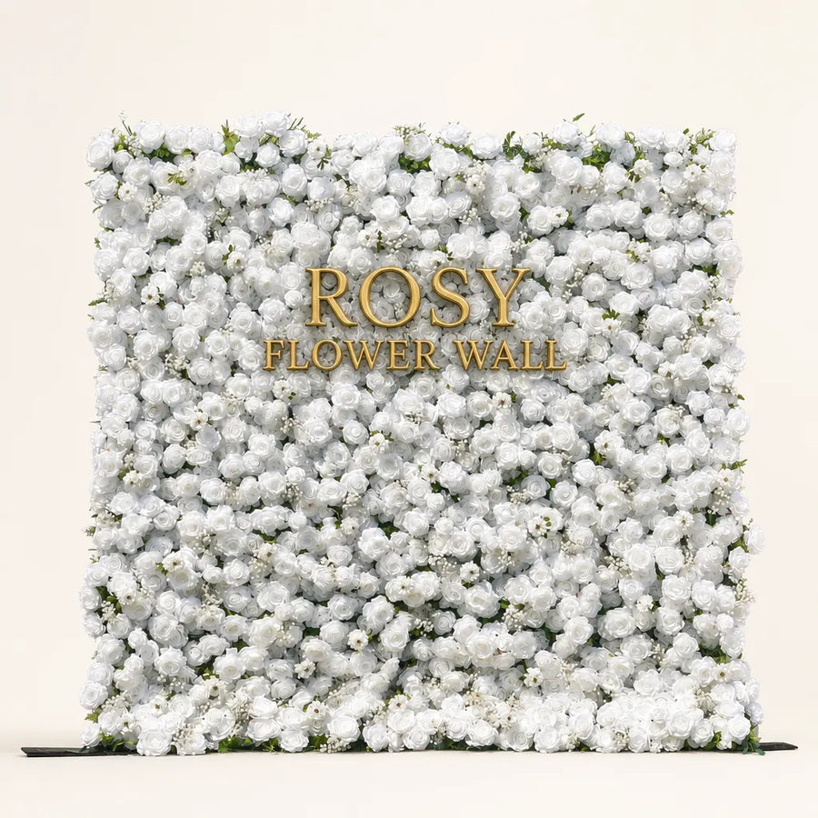 Artificial flower wall front view with gold Rosy Flower Wall logo on warm white background