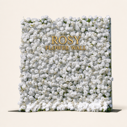 White 5D silk flower wall backdrop, angled side view on a warm-white background