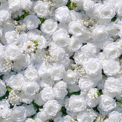 Close-up of white silk flowers on the flower wall