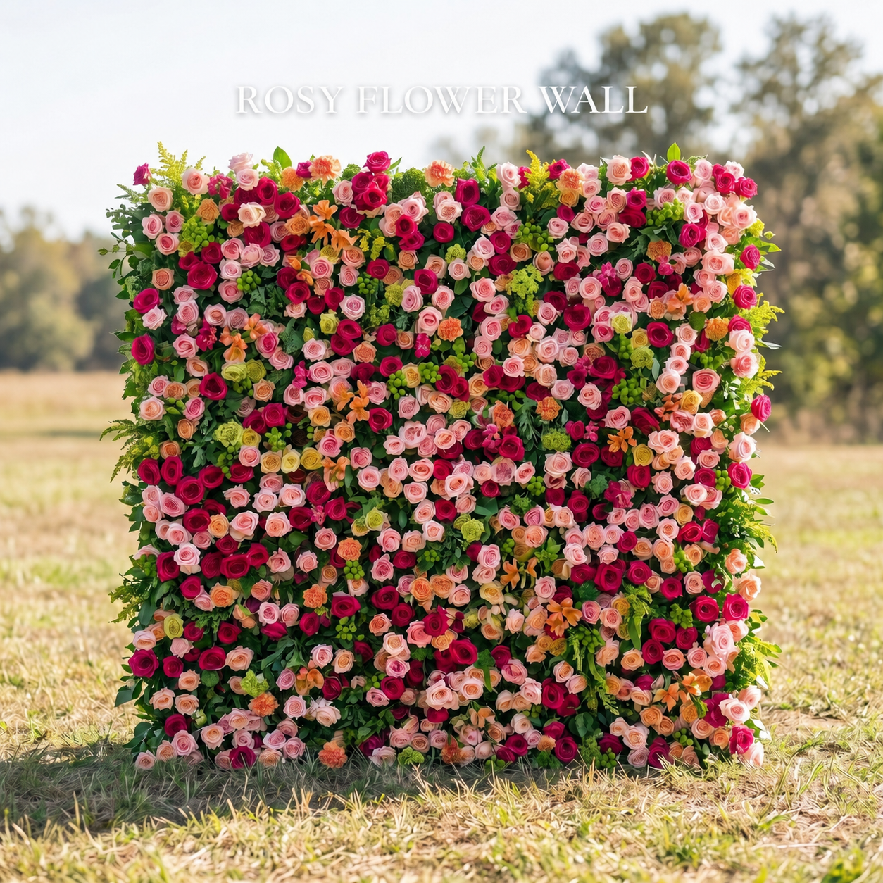 Luxury multicolor silk flower wall backdrop with Rosy Flower Wall logo