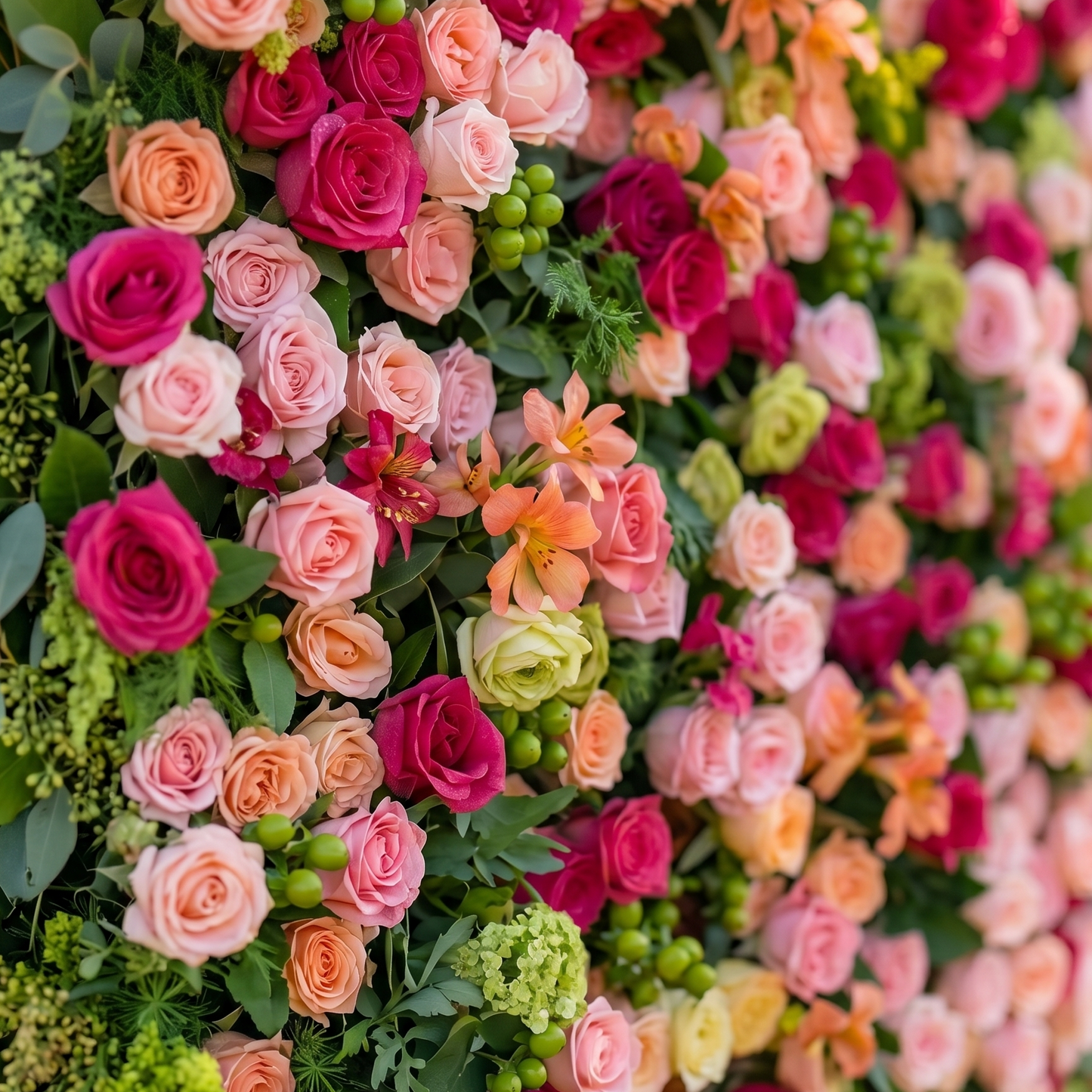Multicolor artificial flower wall close-up detail