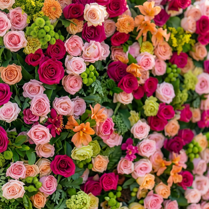 3D colorful flower wall event backdrop detail