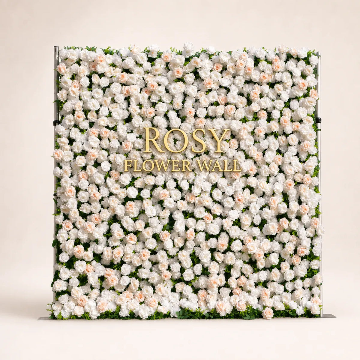 Artificial flower wall front view with gold Rosy Flower Wall logo on warm white background