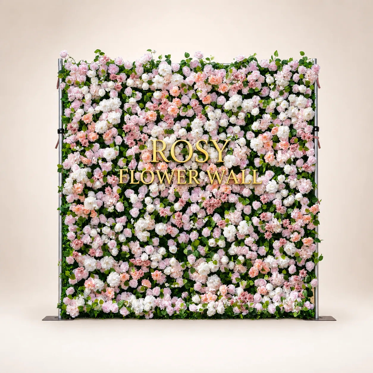 Artificial flower wall front view with gold Rosy Flower Wall logo on warm white background