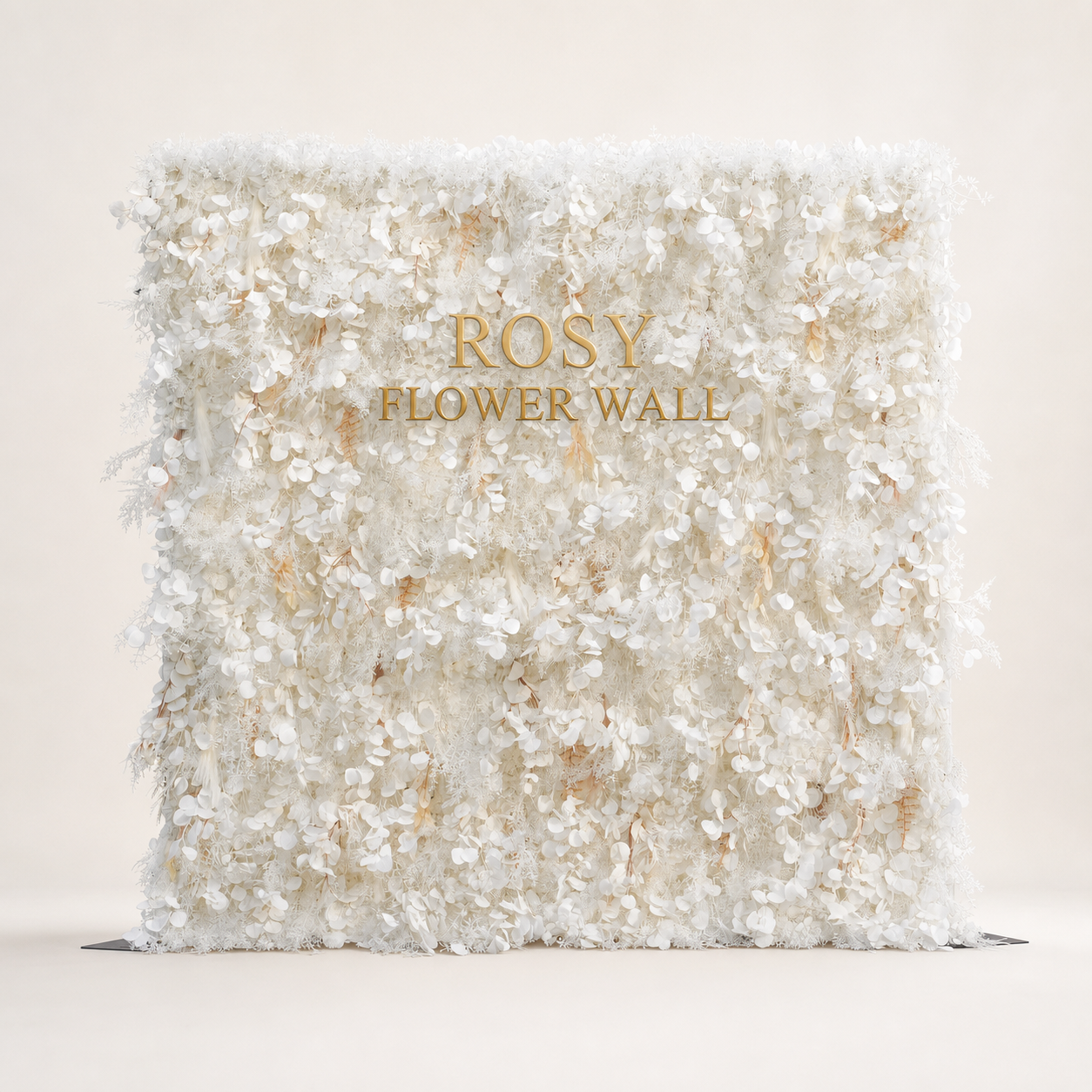 Pampas 5D grey white hanging foliage flower wall in warm white studio with gold ROSY FLOWER WALL logo