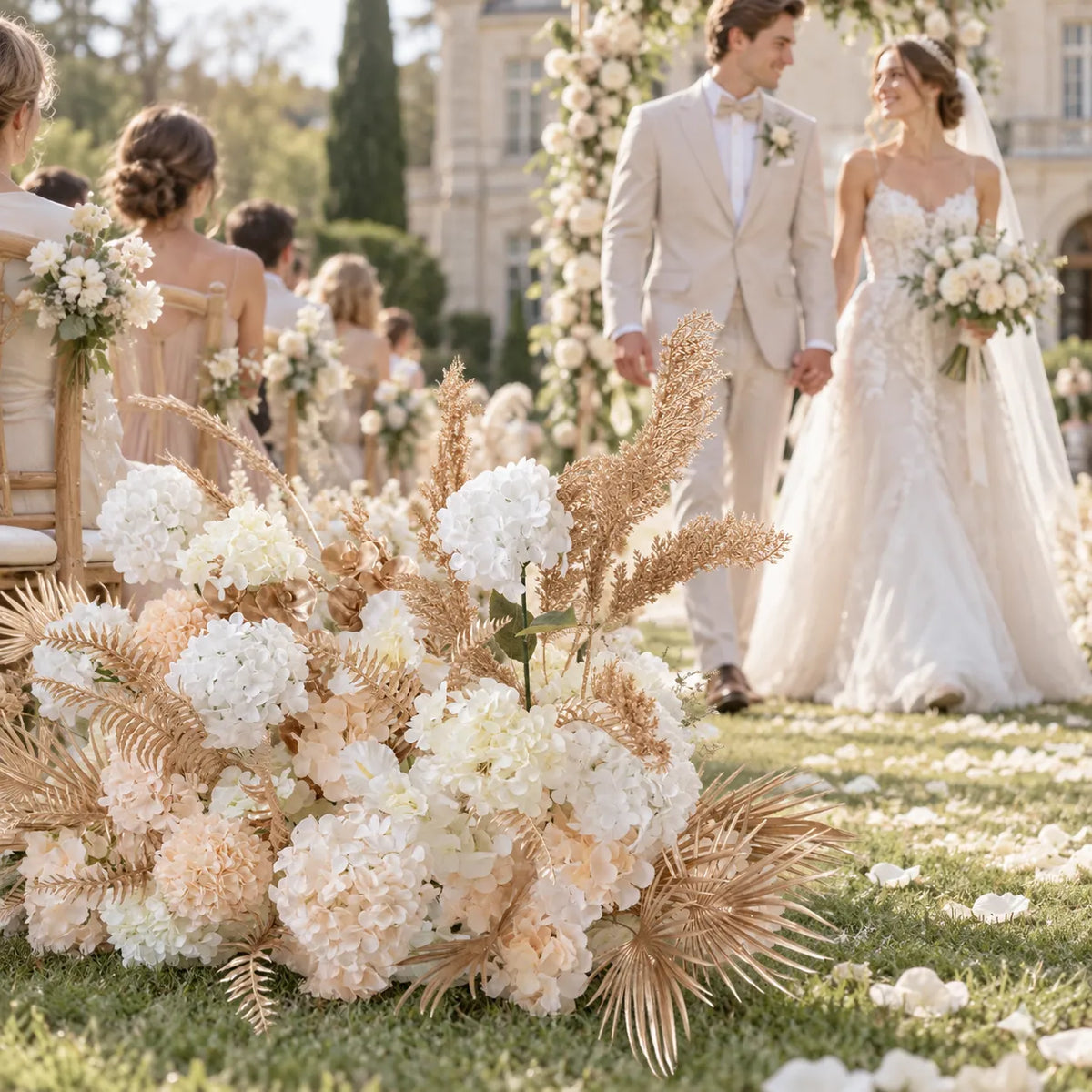 Pampas Beige Floral Row – Wedding Aisle Decor in an AI-styled wedding scene
