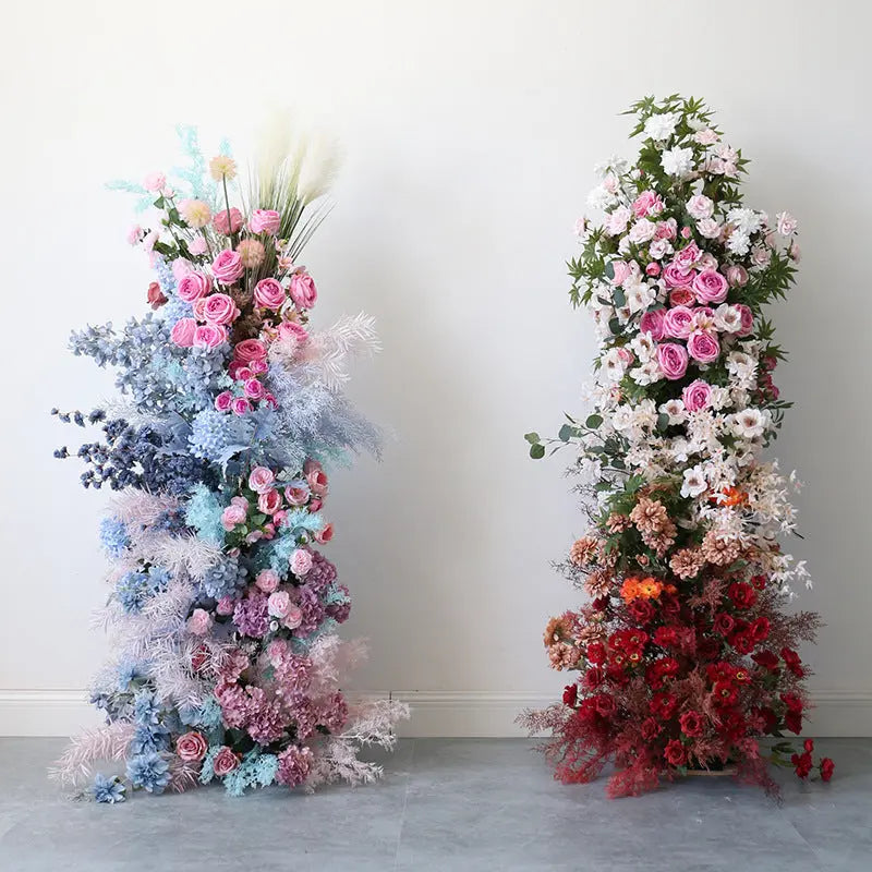 Rosy Gradient Color Series Pampas Grass Row Runner Wedding Backdrop Horn Arch Decor Rose Orchid Leaves Flora