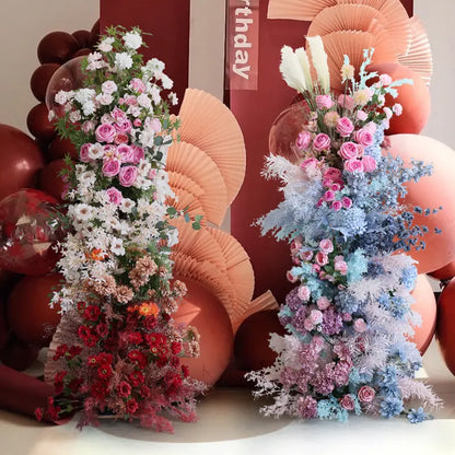 Rosy Gradient Color Series Pampas Grass Row Runner Wedding Backdrop Horn Arch Decor Rose Orchid Leaves Flora