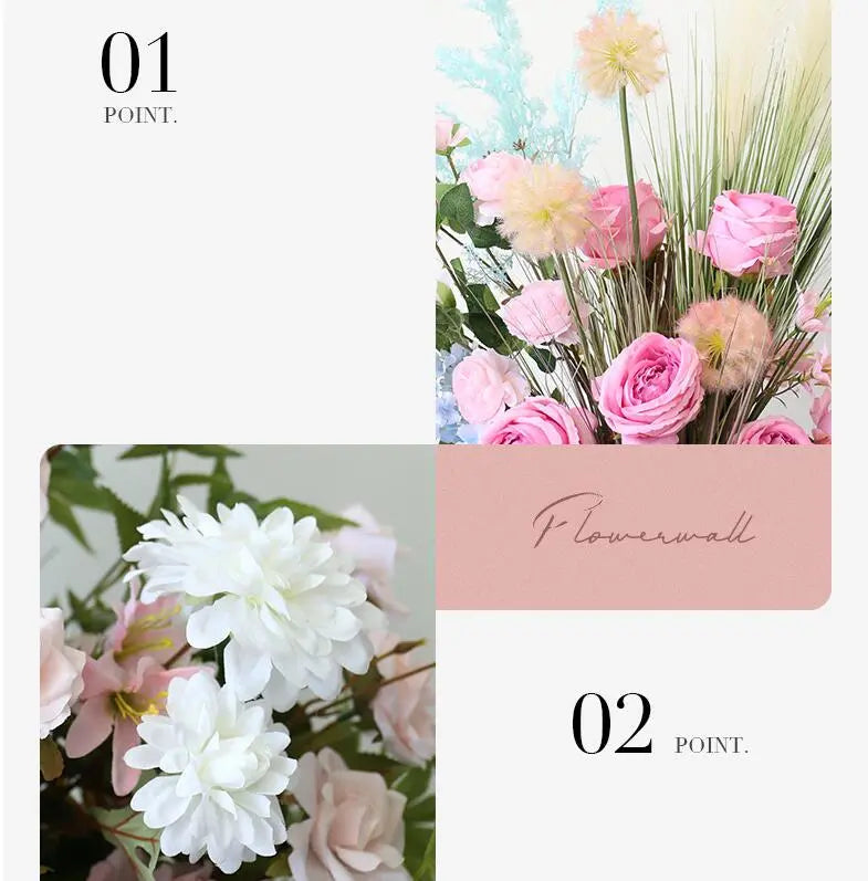 Rosy Gradient Color Series Pampas Grass Row Runner Wedding Backdrop Horn Arch Decor Rose Orchid Leaves Flora