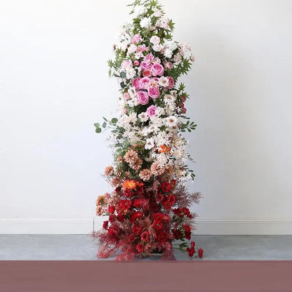 Rosy Gradient Color Series Pampas Grass Row Runner Wedding Backdrop Horn Arch Decor Rose Orchid Leaves Flora