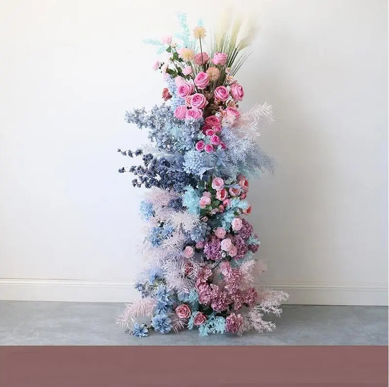 Rosy Gradient Color Series Pampas Grass Row Runner Wedding Backdrop Horn Arch Decor Rose Orchid Leaves Flora