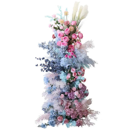 Rosy Gradient Color Series Pampas Grass Row Runner Wedding Backdrop Horn Arch Decor Rose Orchid Leaves Flora