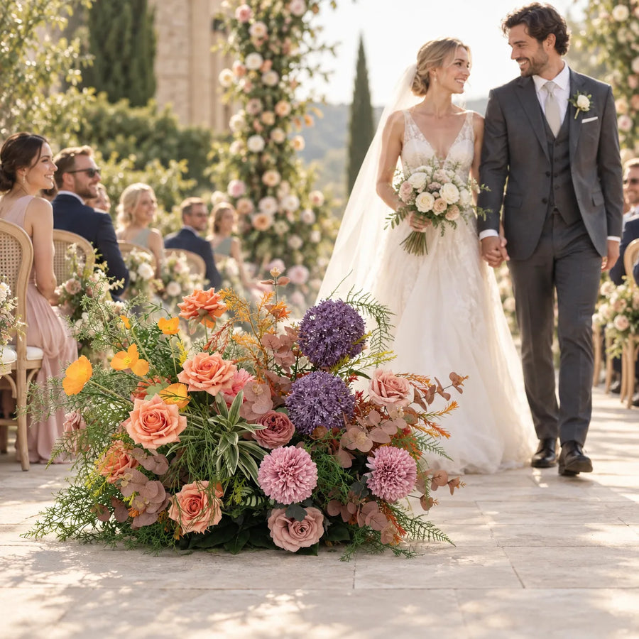 Pastel Mix Floral Row – Wedding Aisle Decor styled for a wedding celebration