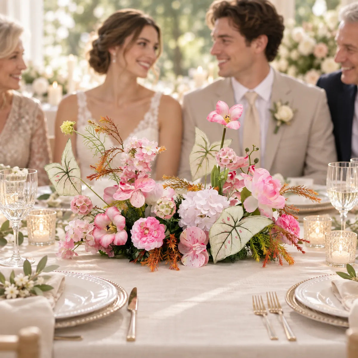 Pink Floral Table Arrangement – Wedding Table Decor in an AI-styled wedding scene