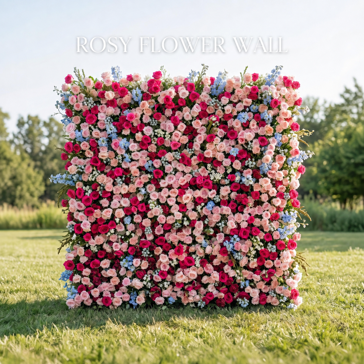 Luxury pink red and blue silk flower wall with Rosy Flower Wall logo