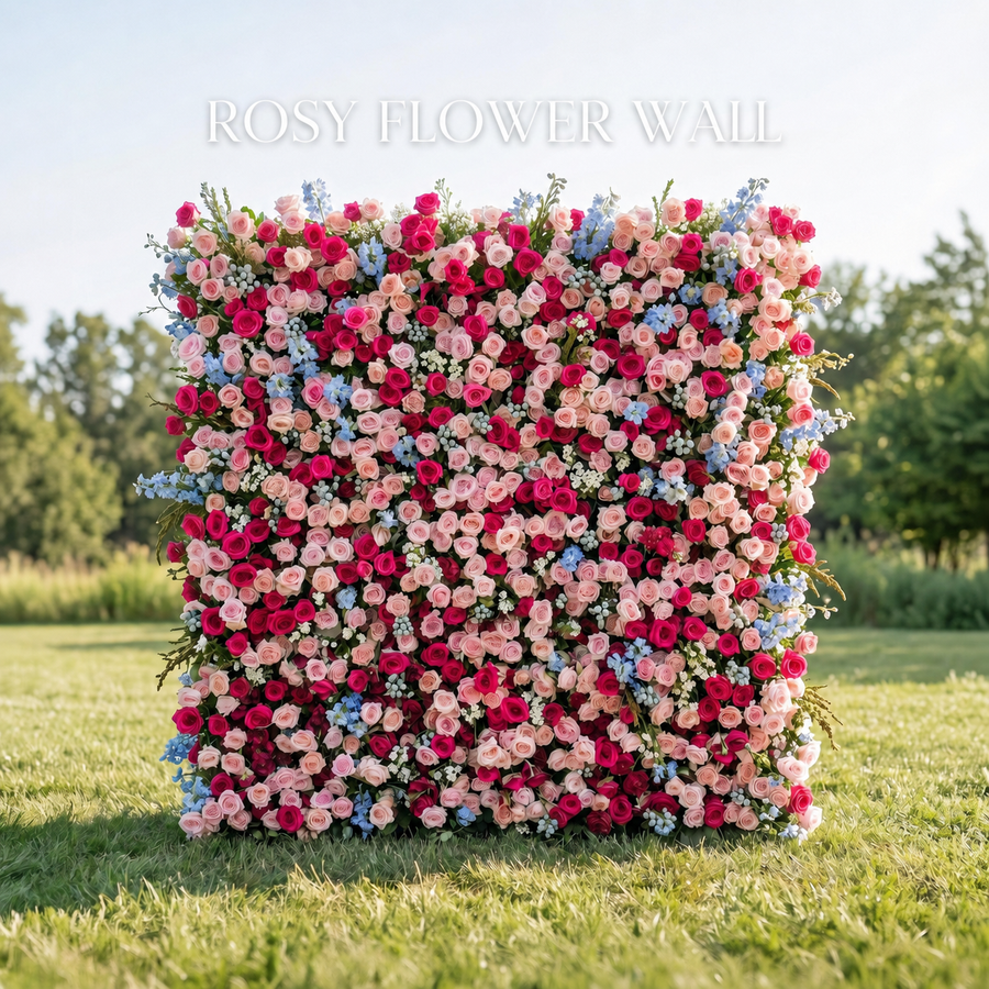 Luxury pink red and blue silk flower wall with Rosy Flower Wall logo