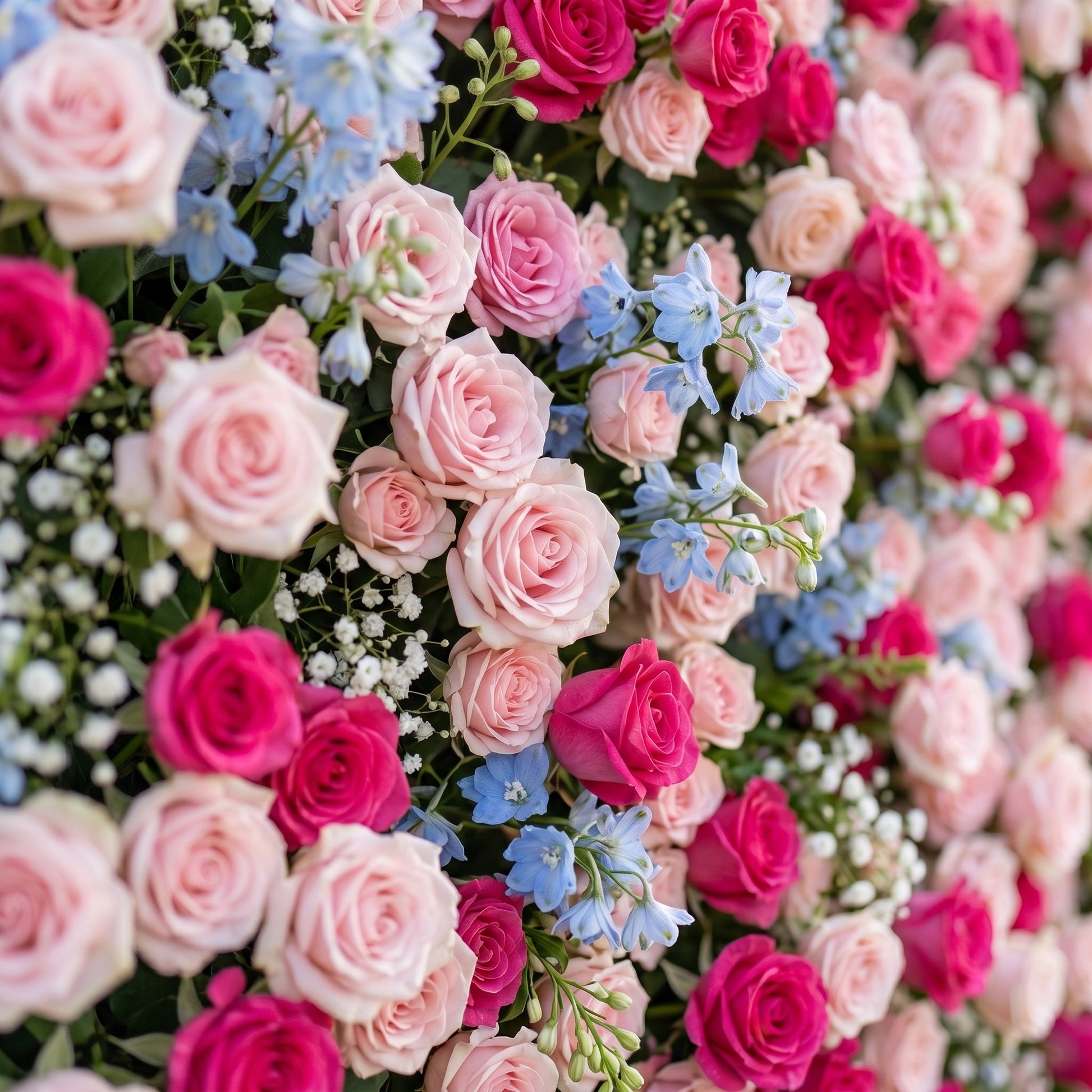 Pink red and blue artificial flower wall close-up