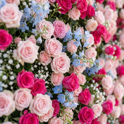 Pink red and blue artificial flower wall close-up