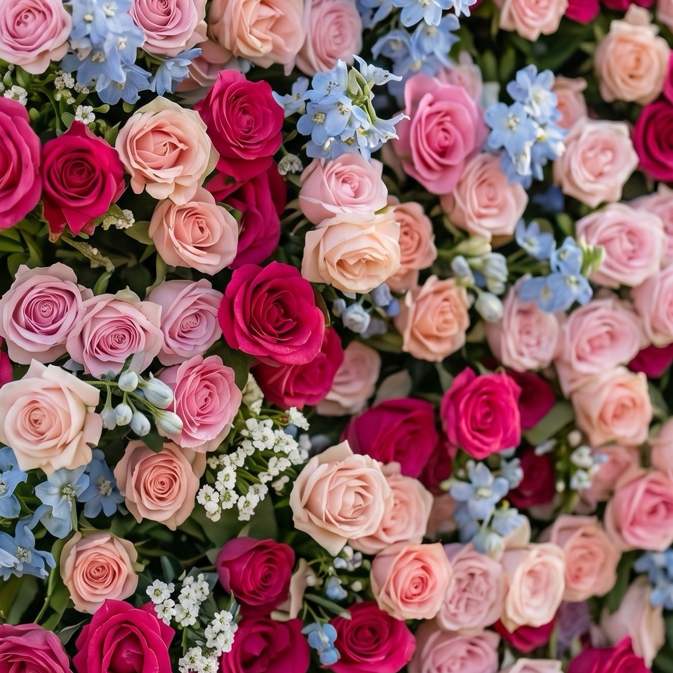 Blush fuchsia and blue silk flower wall texture