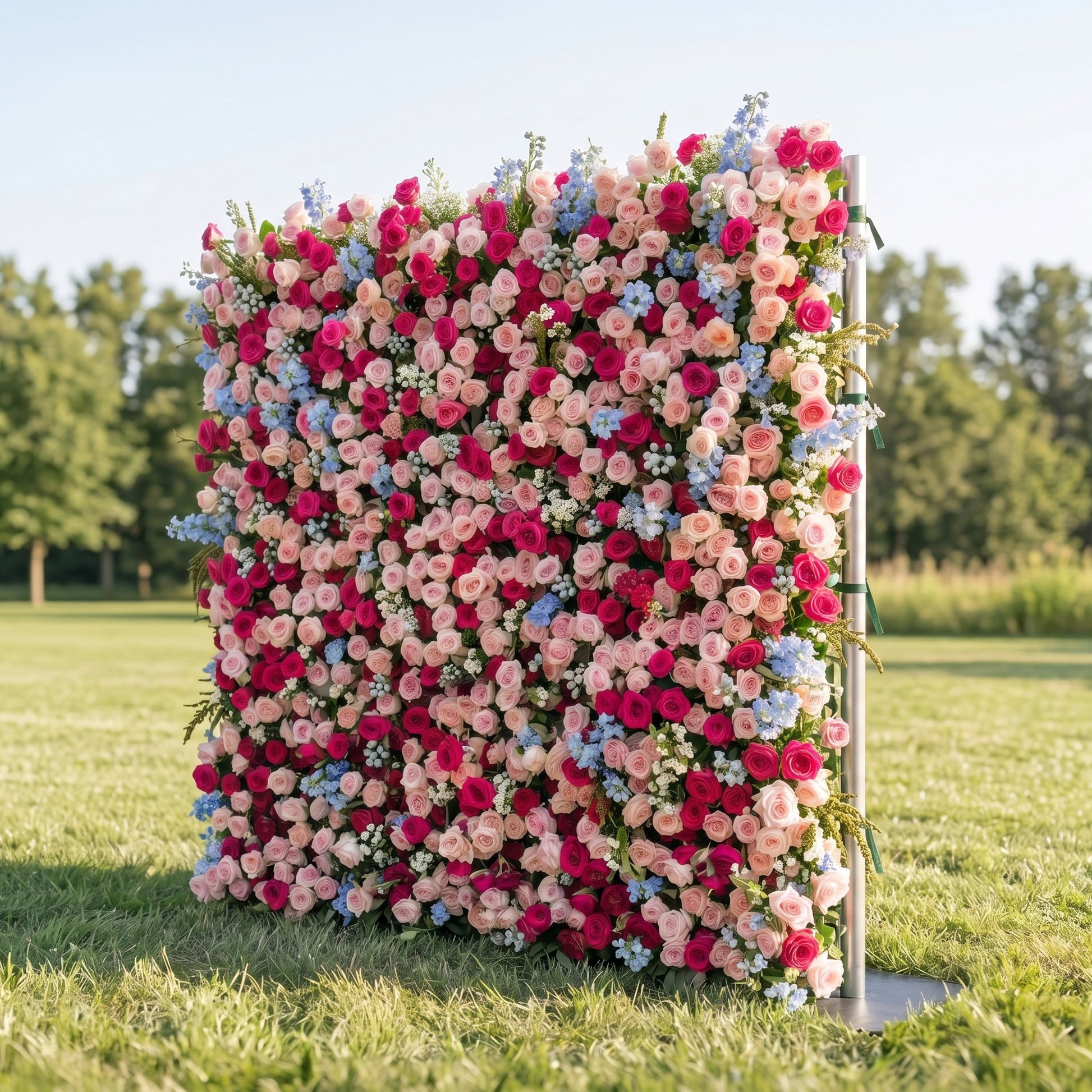 Pink red and blue flower wall side view