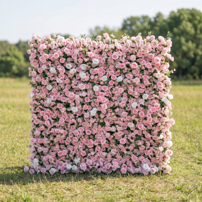 Pink rose flower wall with transparent Rosy Flower Wall logo