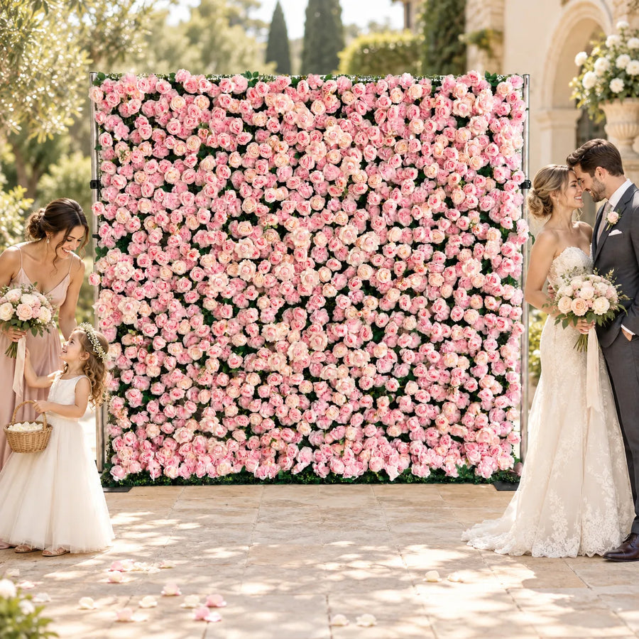 Blush Pink Rose Flower Wall Backdrop – 8 ft × 8 ft in an AI-styled wedding scene