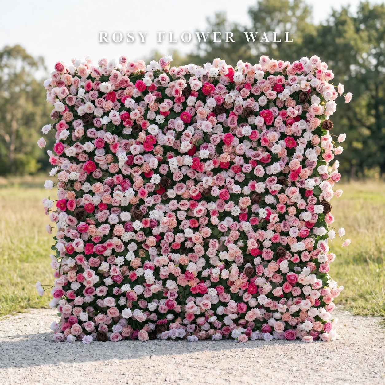 Luxury pink rose silk flower wall with Rosy Flower Wall logo