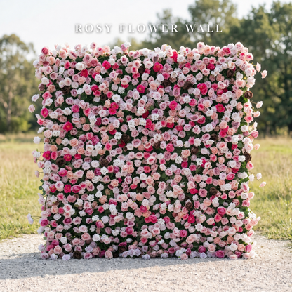 Luxury pink rose silk flower wall with Rosy Flower Wall logo