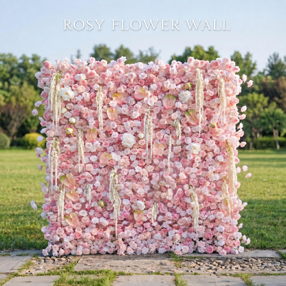 Luxury pink tassel silk flower wall with Rosy Flower Wall logo