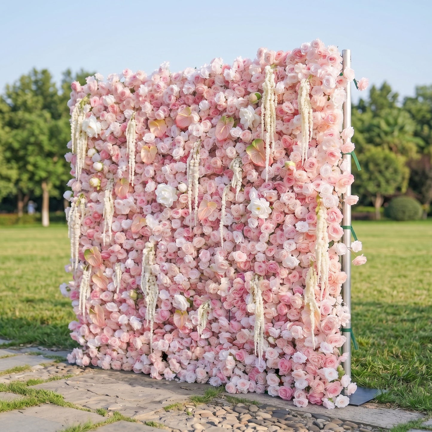 Pink tassel artificial flower wall side view
