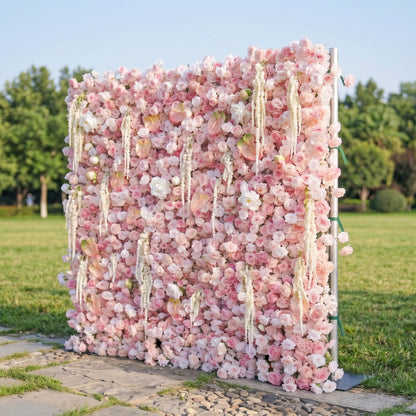 Pink tassel artificial flower wall side view