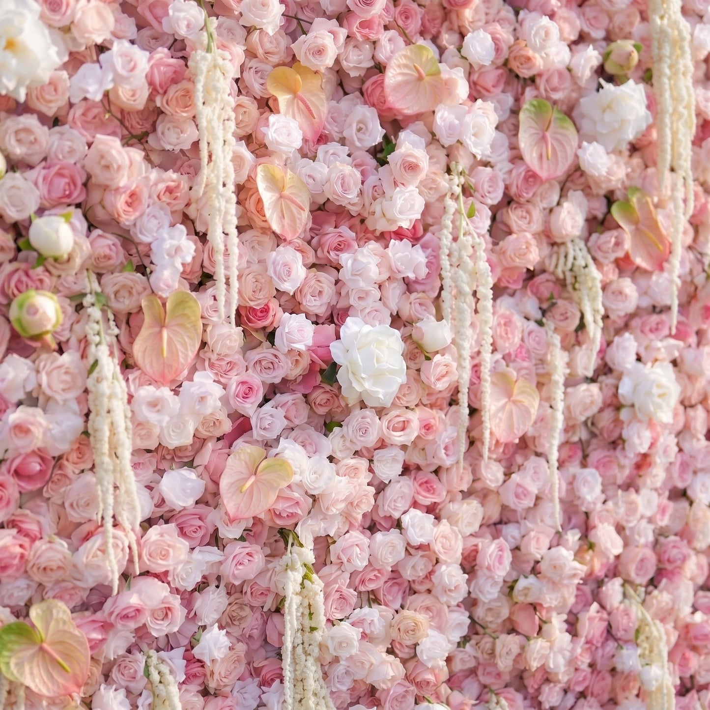 Blush pink rose and hanging tassel flower wall detail