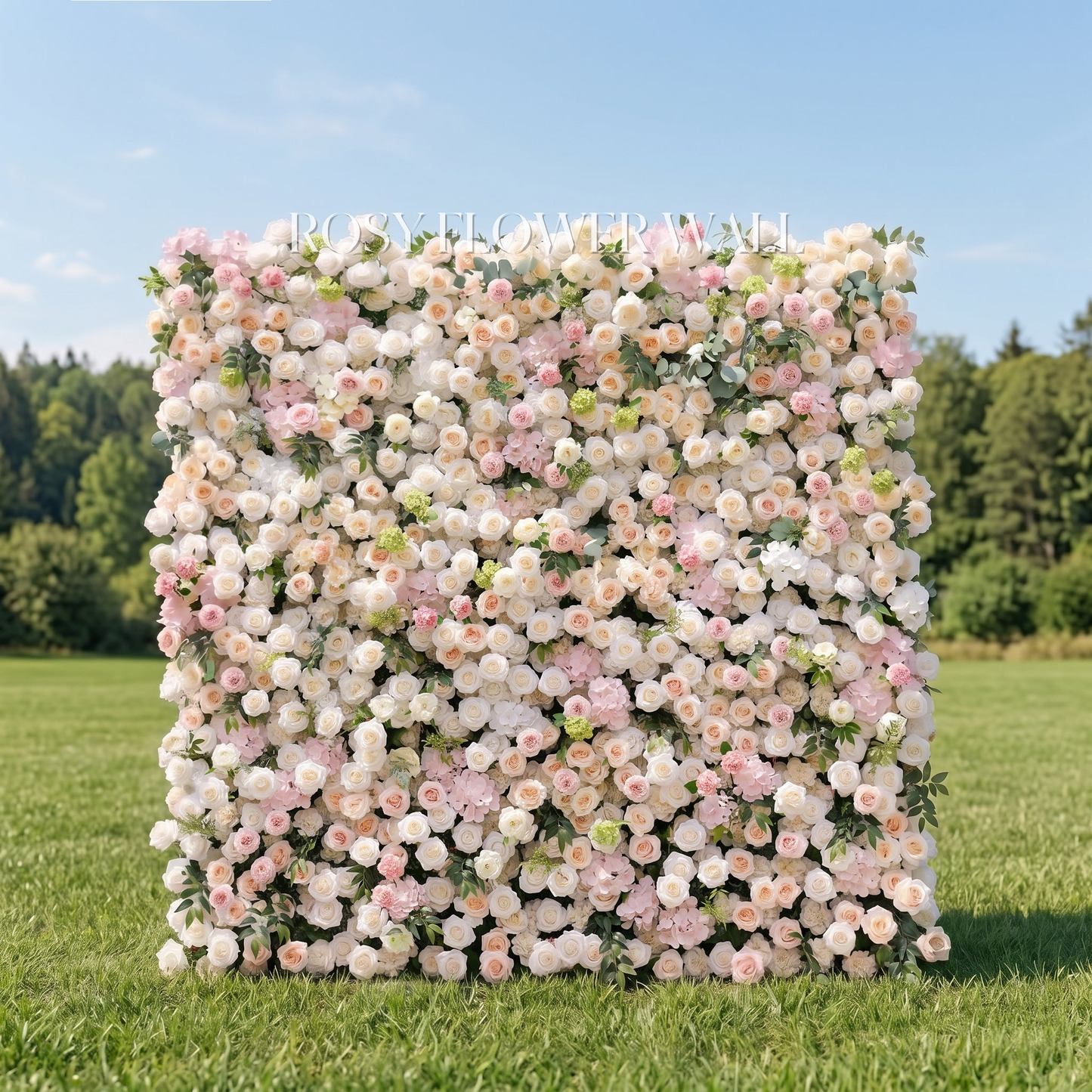 Pink and white flower wall with transparent Rosy Flower Wall logo