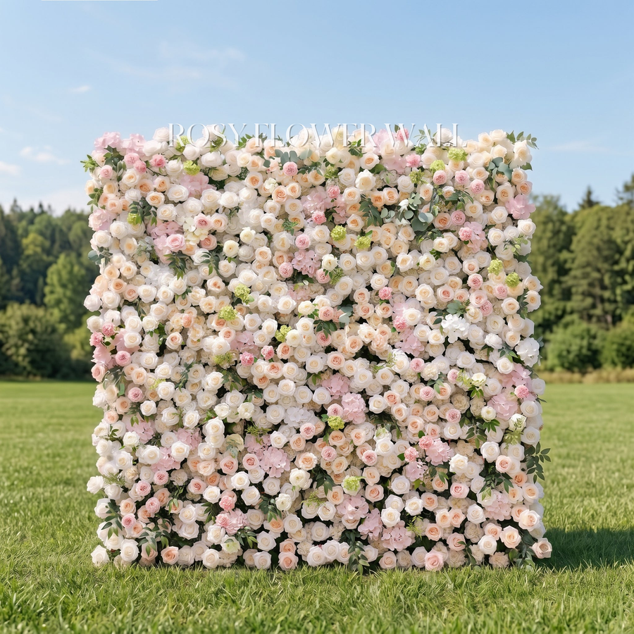 Pink and white flower wall with transparent Rosy Flower Wall logo