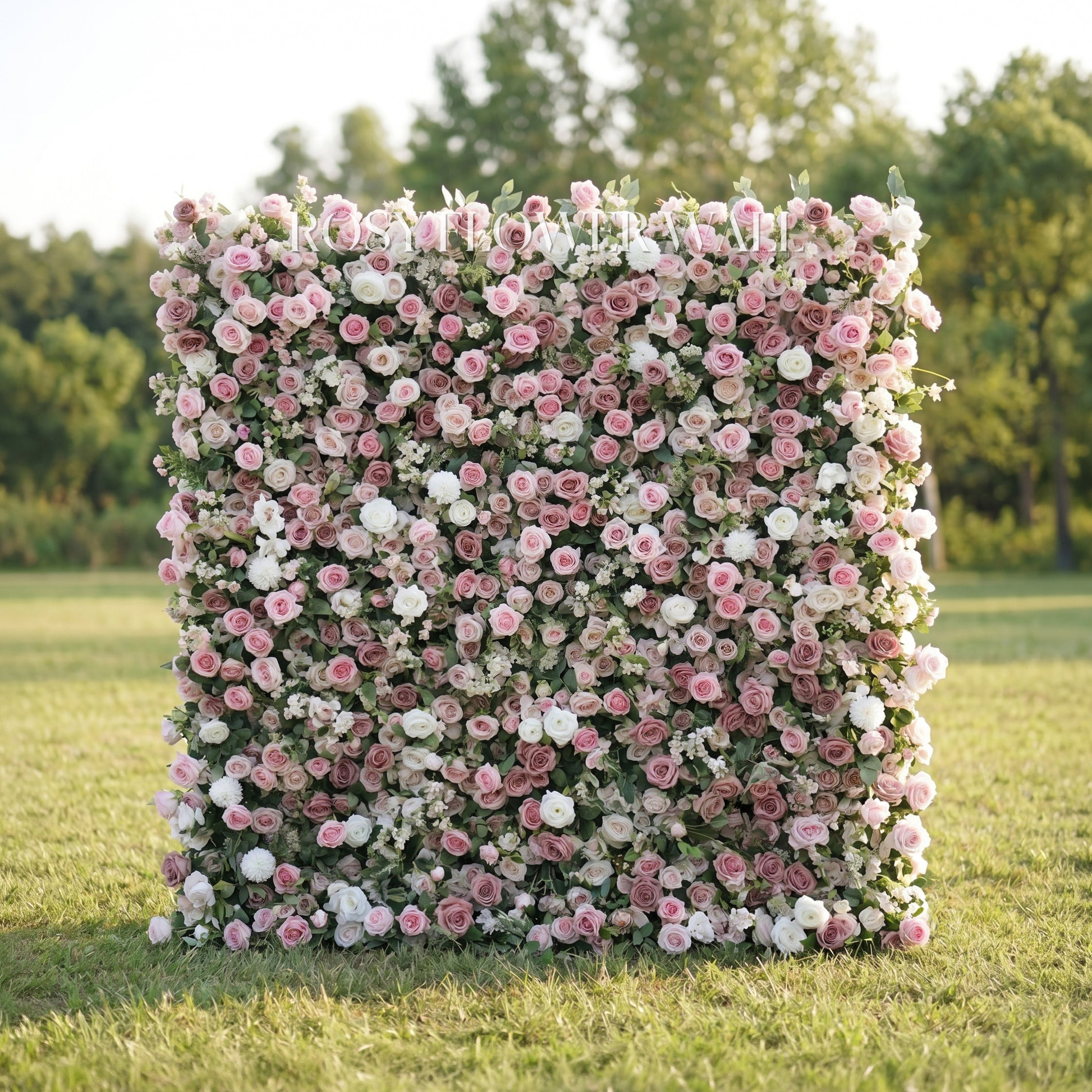Pink and white rose flower wall with transparent Rosy Flower Wall logo