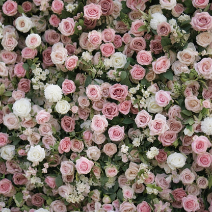Pink and white silk rose flower wall close-up